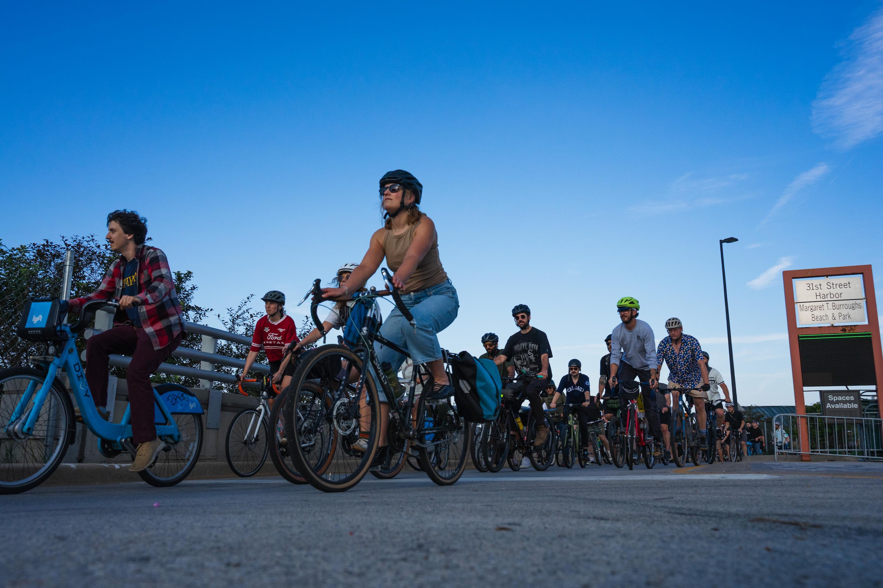 Bikers turn west towards Rate Field at 31st Street Beach. Aug. 25, 2026.